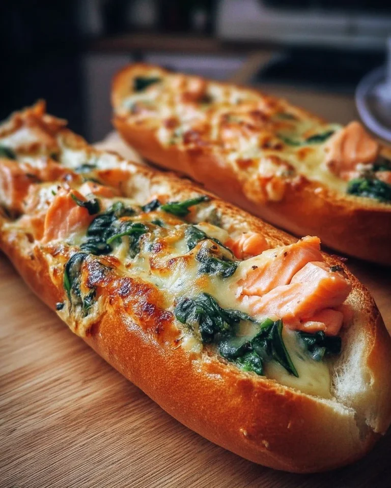 Baguette gratinée au saumon, épinards et fromage, un plat délicieux et réconfortant.