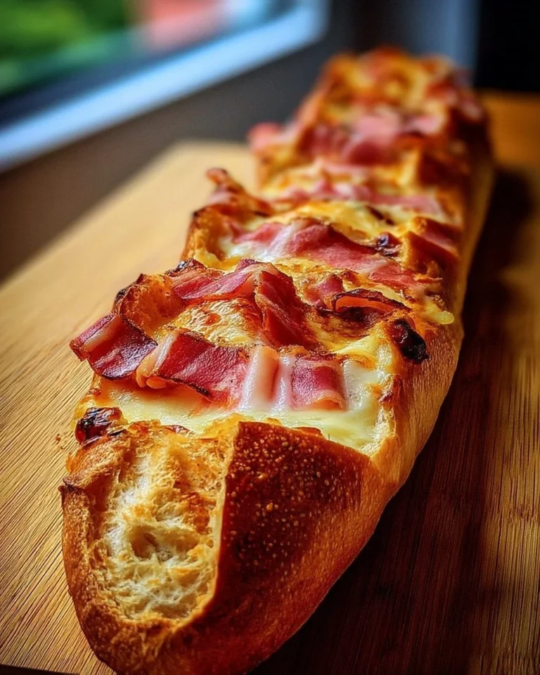 Baguette gratinée aux lardons, plat savoureux et réconfortant.