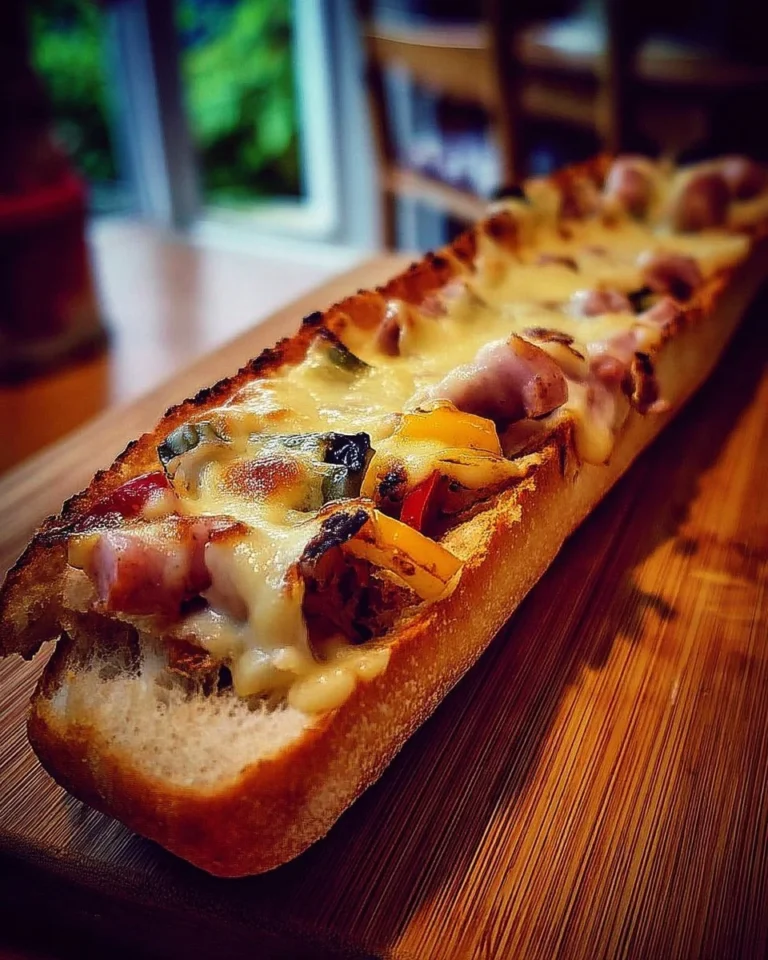 Baguette gratinée aux légumes, viande et fromage, appétissante et dorée