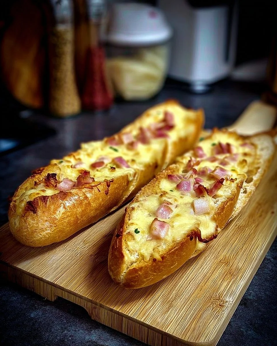 Baguette gratinée façon carbonara, croustillante et savoureuse, prête à déguster.