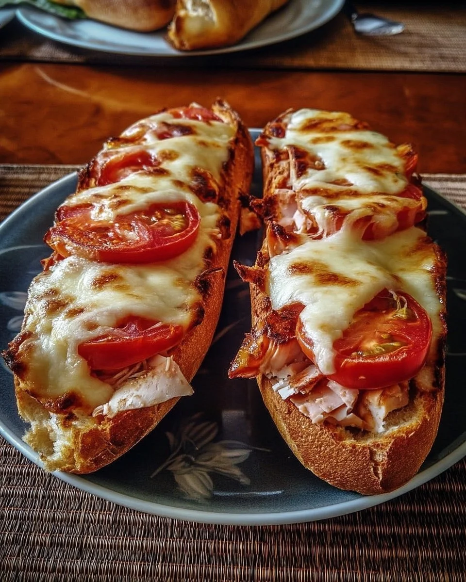Baguettes gratinées au thon, tomate et fromage, prêtes à être dégustées.