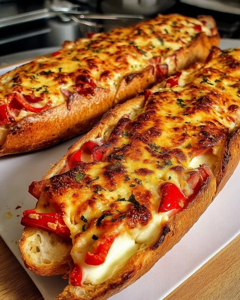 Baguettes gratinées aux poivrons et fromage dorées au four