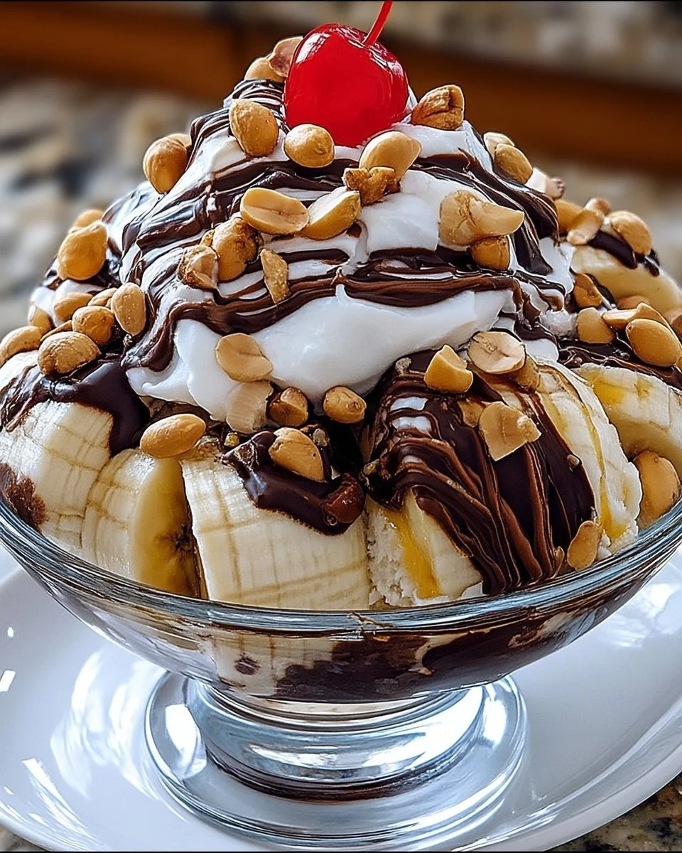 Banana Split Gourmand au Chocolat et Cacahuètes servi avec des fruits frais