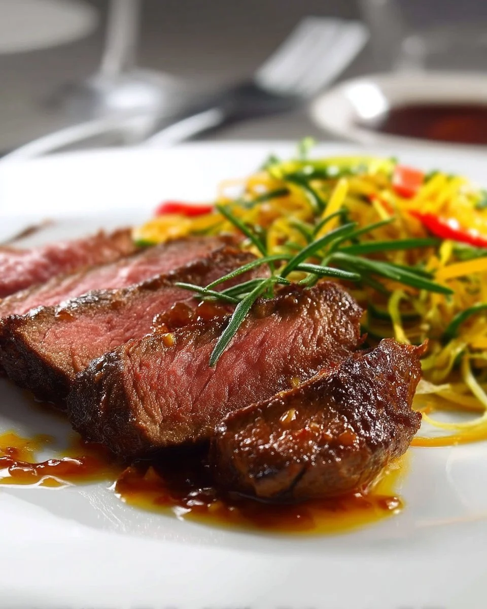 Bavette poêlée avec sauce à érable et au chili, plat savoureux et parfumé