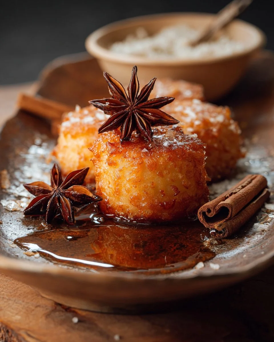 Beignets d'ananas accompagnés de sirop d'érable et anis étoilé