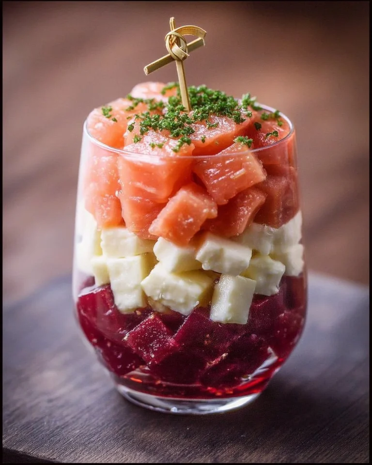 Salade de betterave, fromage frais et saumon fumé, présentation colorée et appétissante