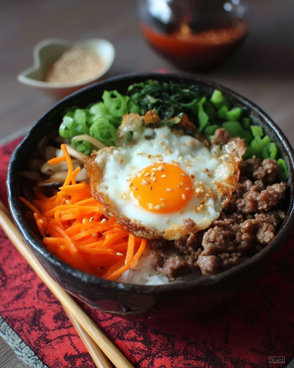 Plat de bibimbap coréen revisité avec légumes frais et protéines