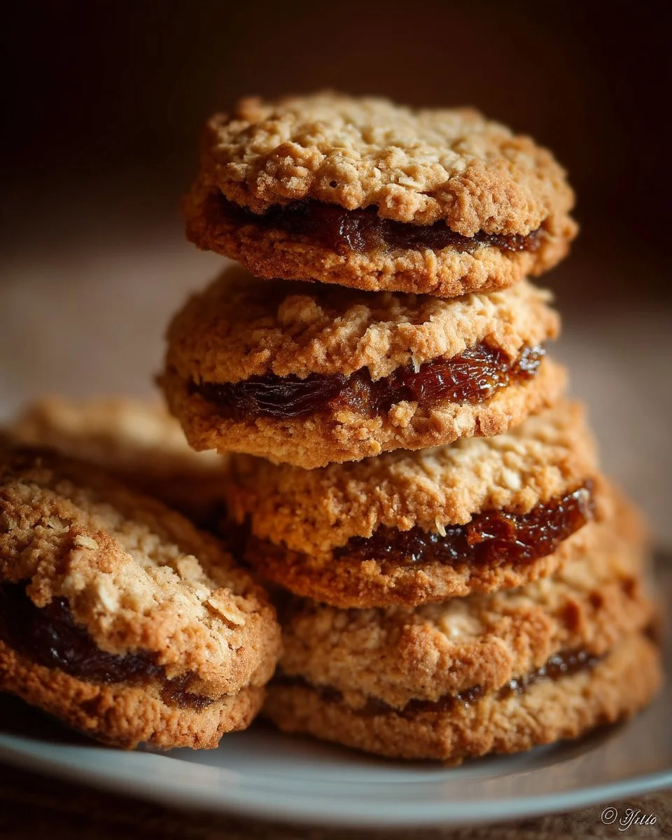 Biscuits au gruau garnis de dattes, délicieux et réconfortants.