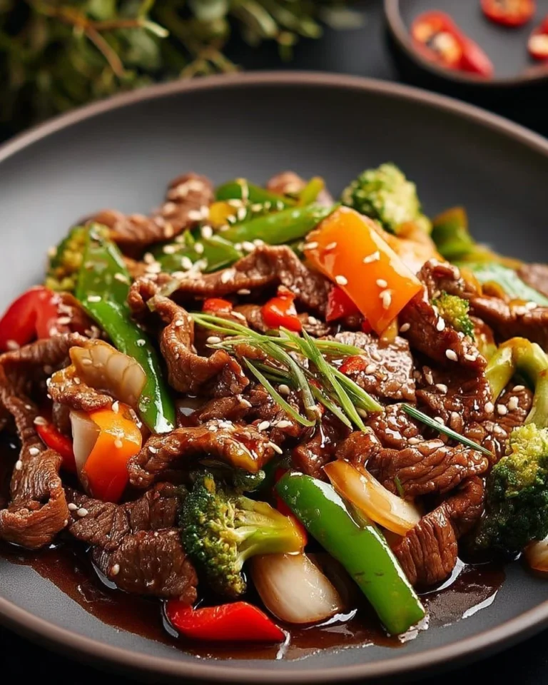 Bœuf sauté aux légumes frais et colorés dans une poêle.