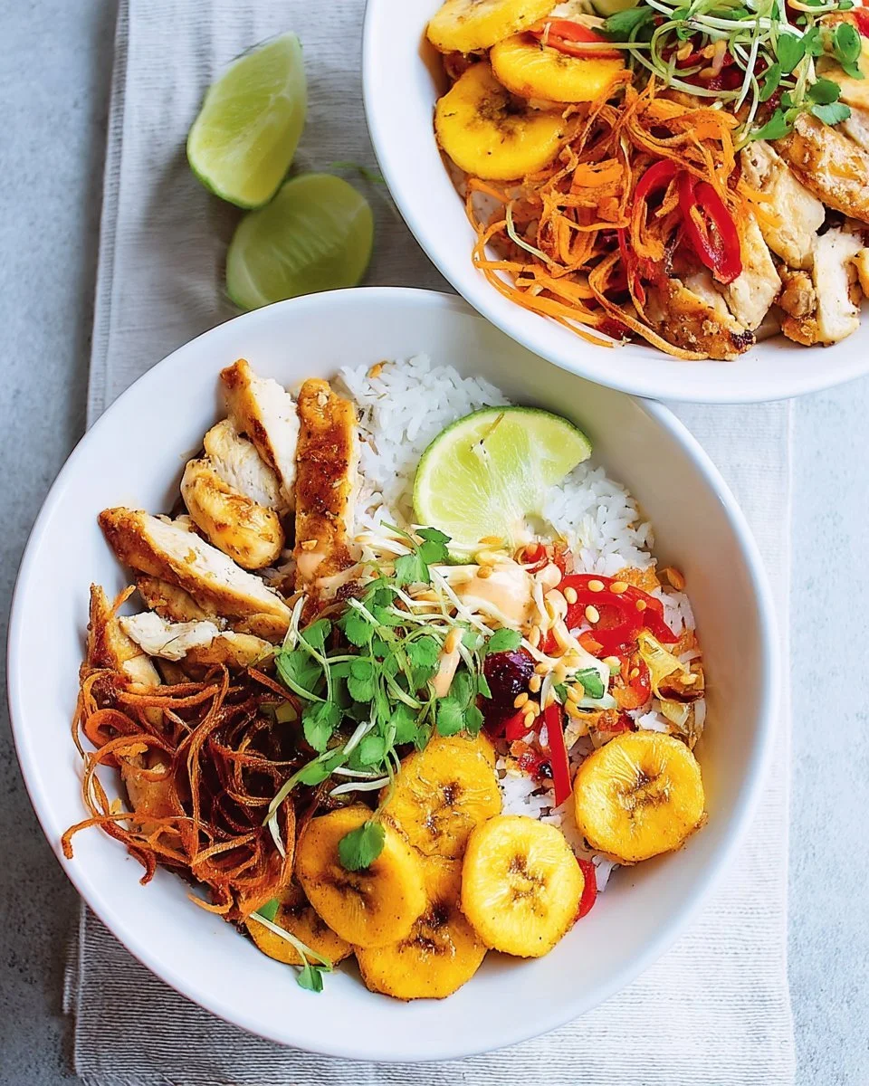Bol de riz au poulet avec bananes plantains et pikliz