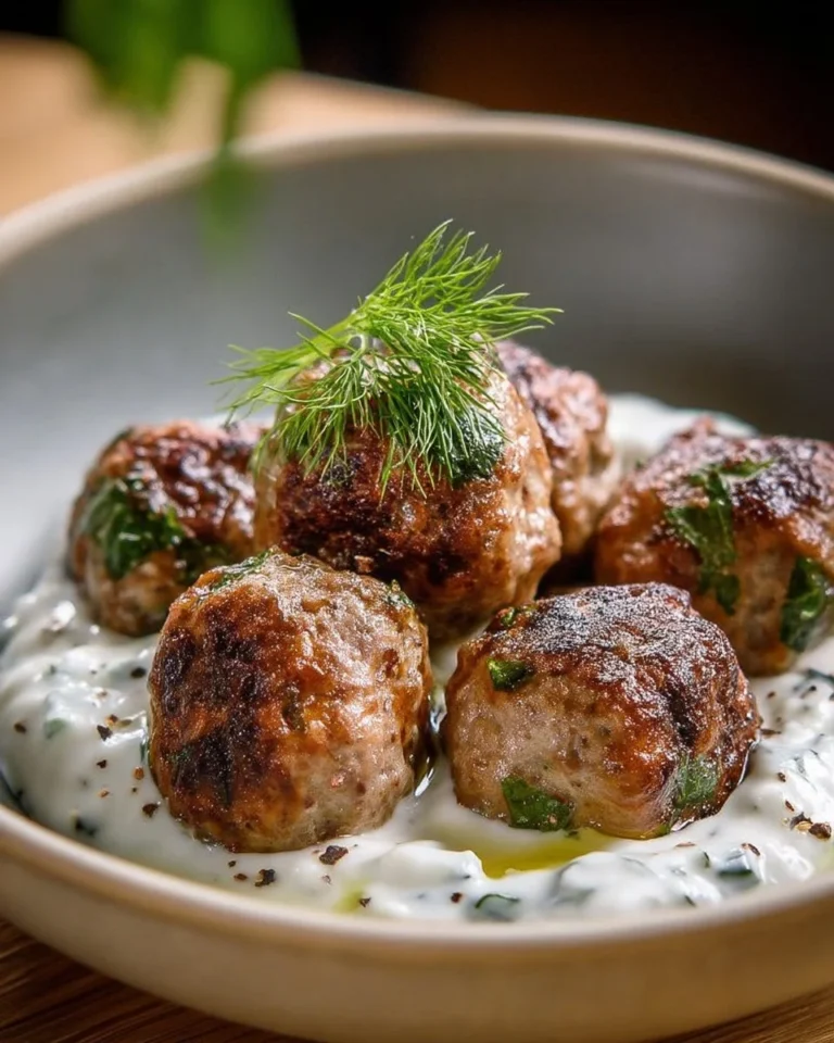 Boulettes d'Agneau de Pâques avec Sauce Yaourt aux Herbes sur une assiette.