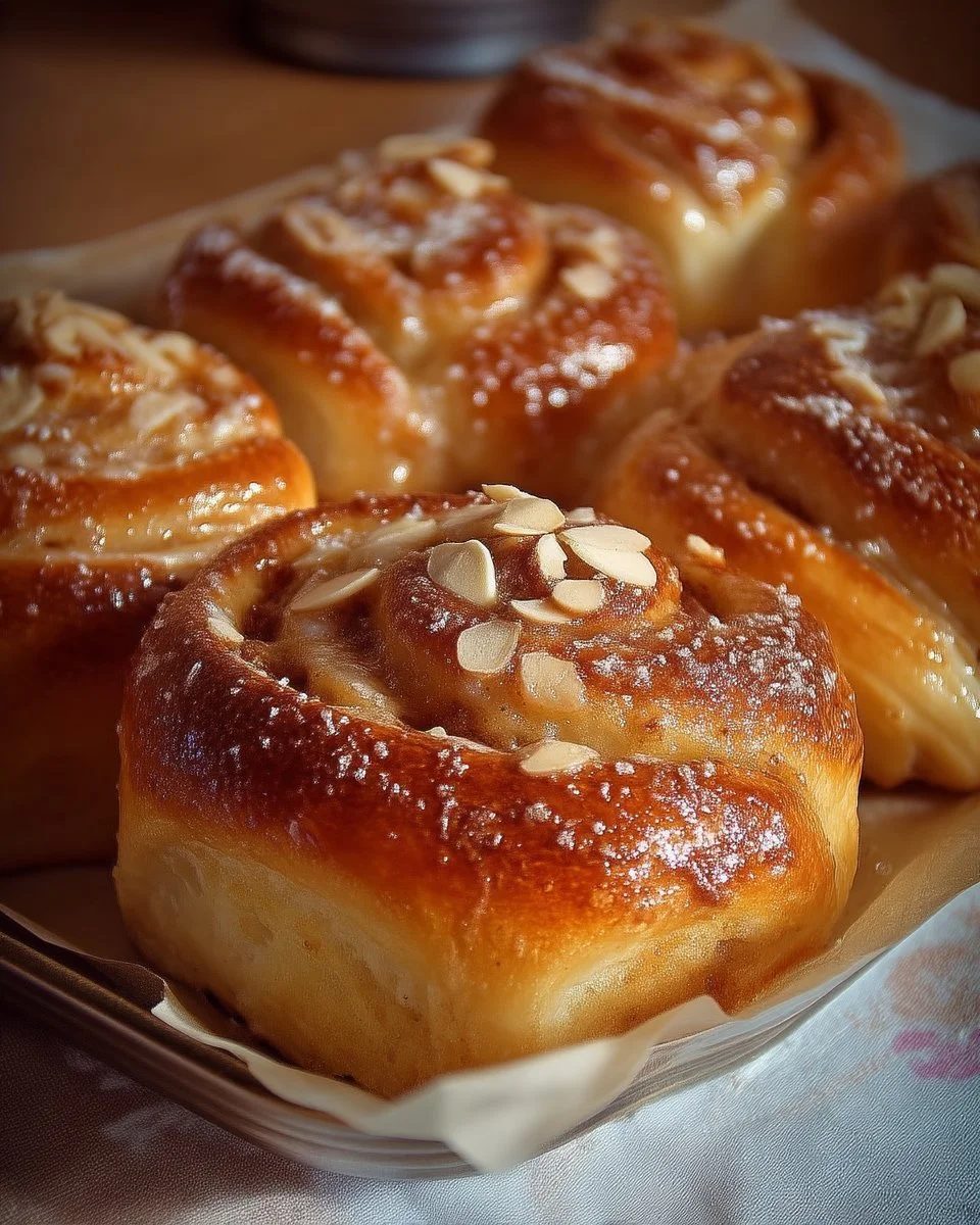 Brioches à la crème d'amande fraîchement cuites sur une table avec un côté sucré.