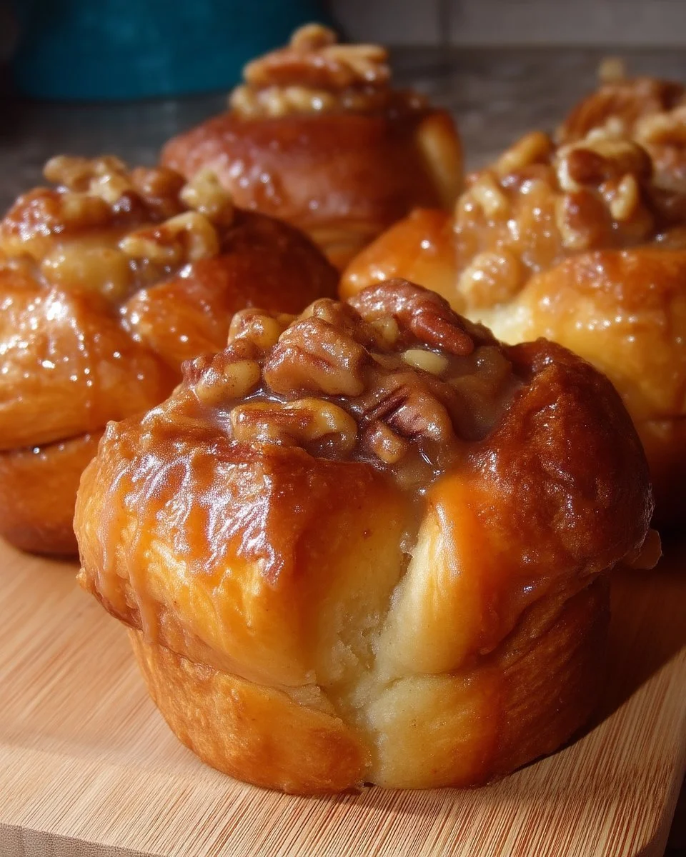 Brioches à l'érable et aux pacanes, garnies de noix croquantes sur une table rustique.
