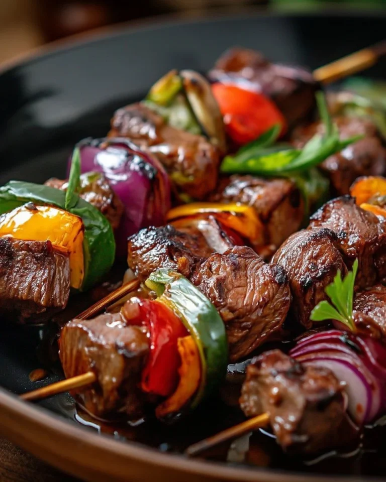 Brochettes de bœuf grillées accompagnées de légumes colorés sur le barbecue.