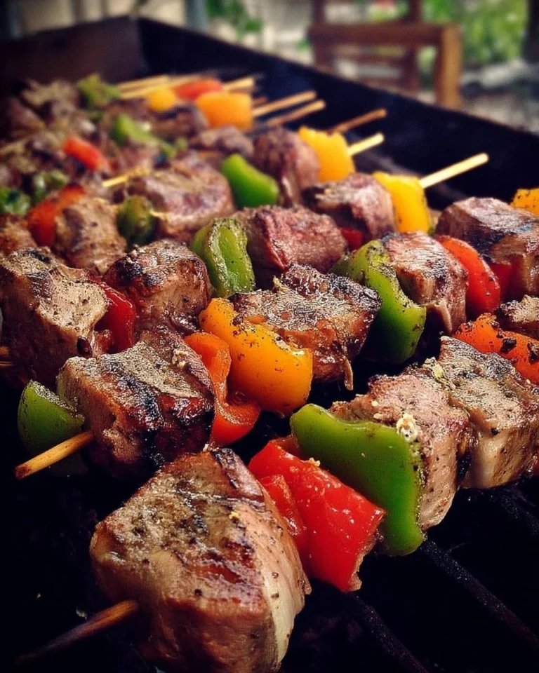 Brochettes de bœuf marinées aux légumes prêtes à être grillées