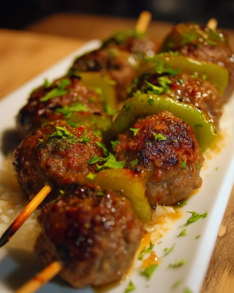 Brochettes de boulettes de boeuf marinées à l'érable et ail, prêtes à griller.