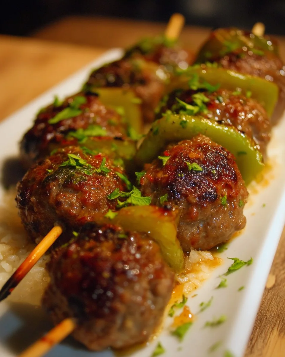 Brochettes de boulettes de boeuf marinées à l'érable et ail, prêtes à griller.