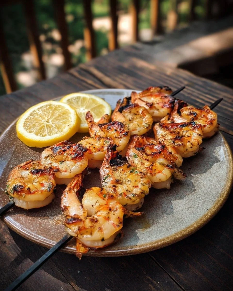 Brochettes de crevettes grillées prêtes à être dégustées en été
