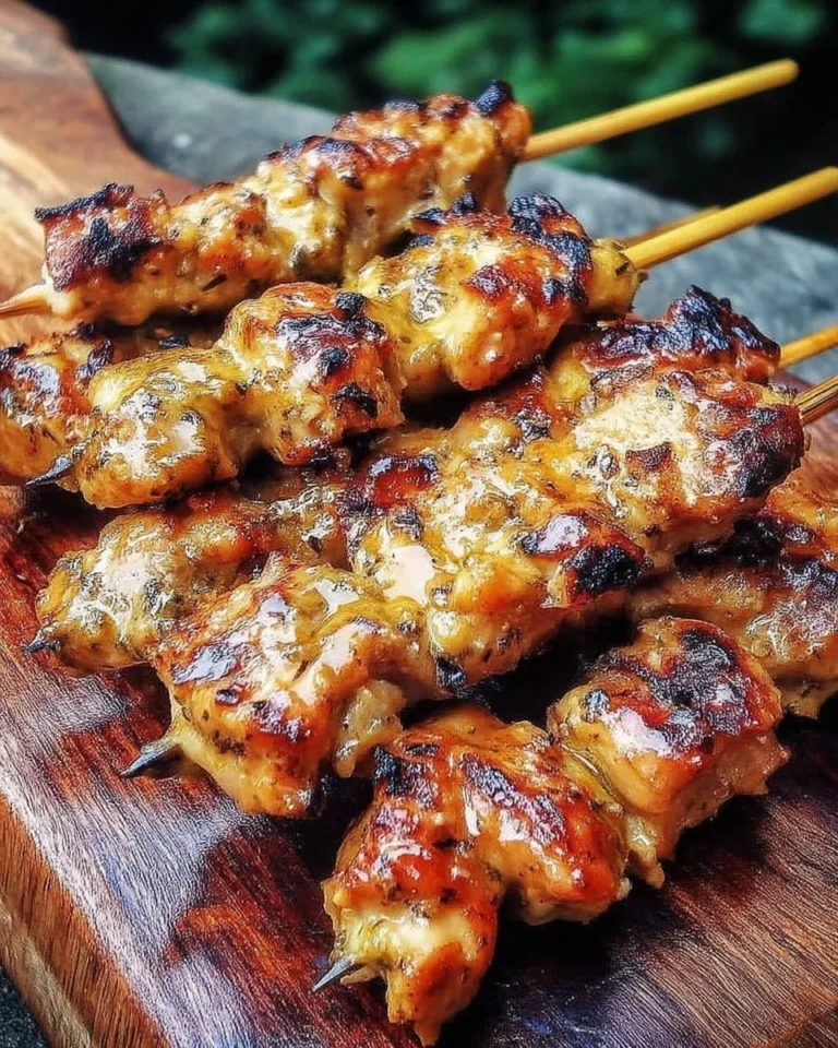 Brochettes de poulet caramélisées au miel et moutarde prêtes à être servies