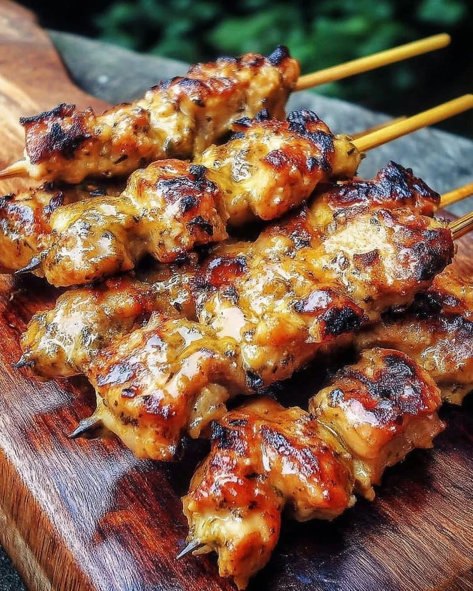 Brochettes de poulet caramélisées au miel et moutarde prêtes à être servies