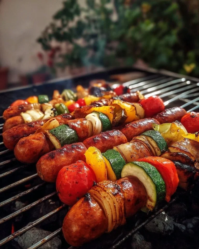 Brochettes de saucisses et légumes grillées sur barbecue