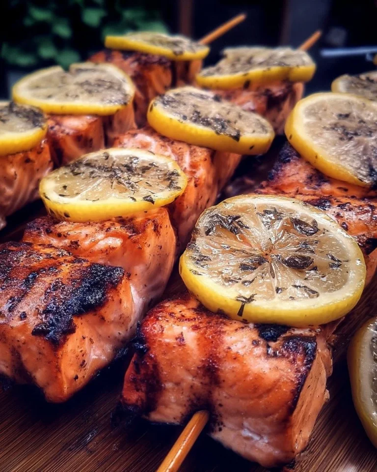Brochettes de saumon au citron grillées prêtes à être servies.