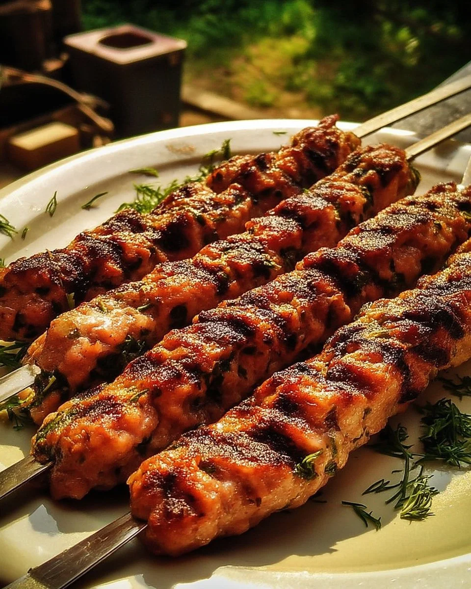Brochettes de viande hachée aux herbes prêtes à être grillées