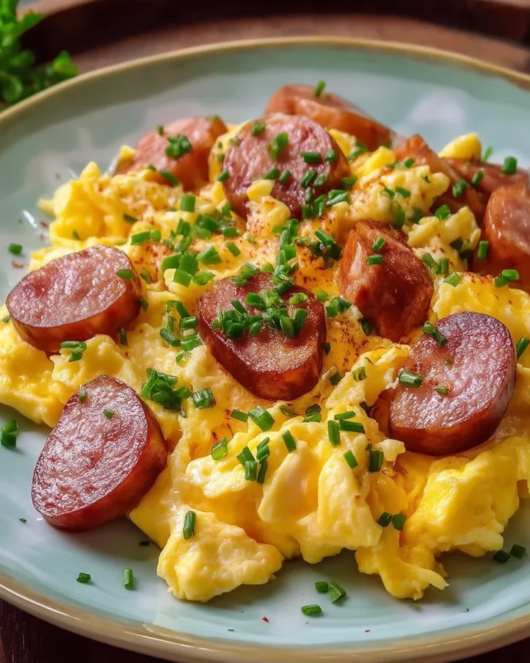 Brouillade gourmande avec saucisse fumée servie dans une assiette