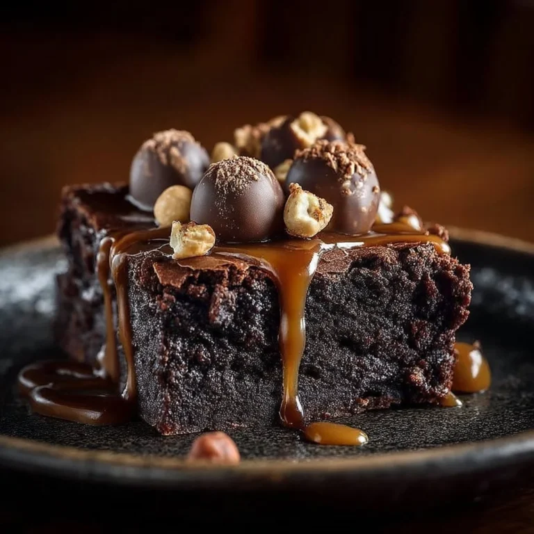 Brownie Chocolat et Caramel avec truffes et noisettes dans une assiette