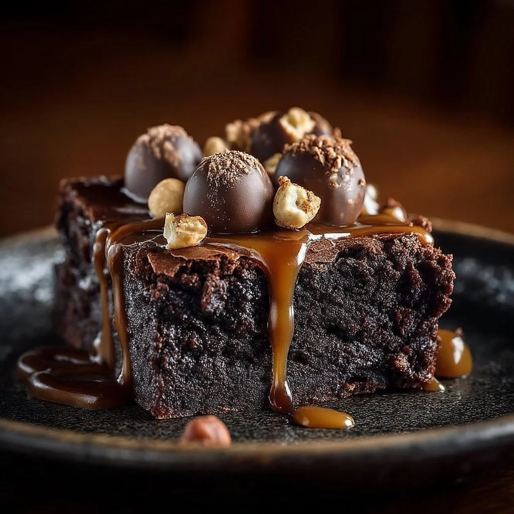 Brownie Chocolat et Caramel avec truffes et noisettes dans une assiette