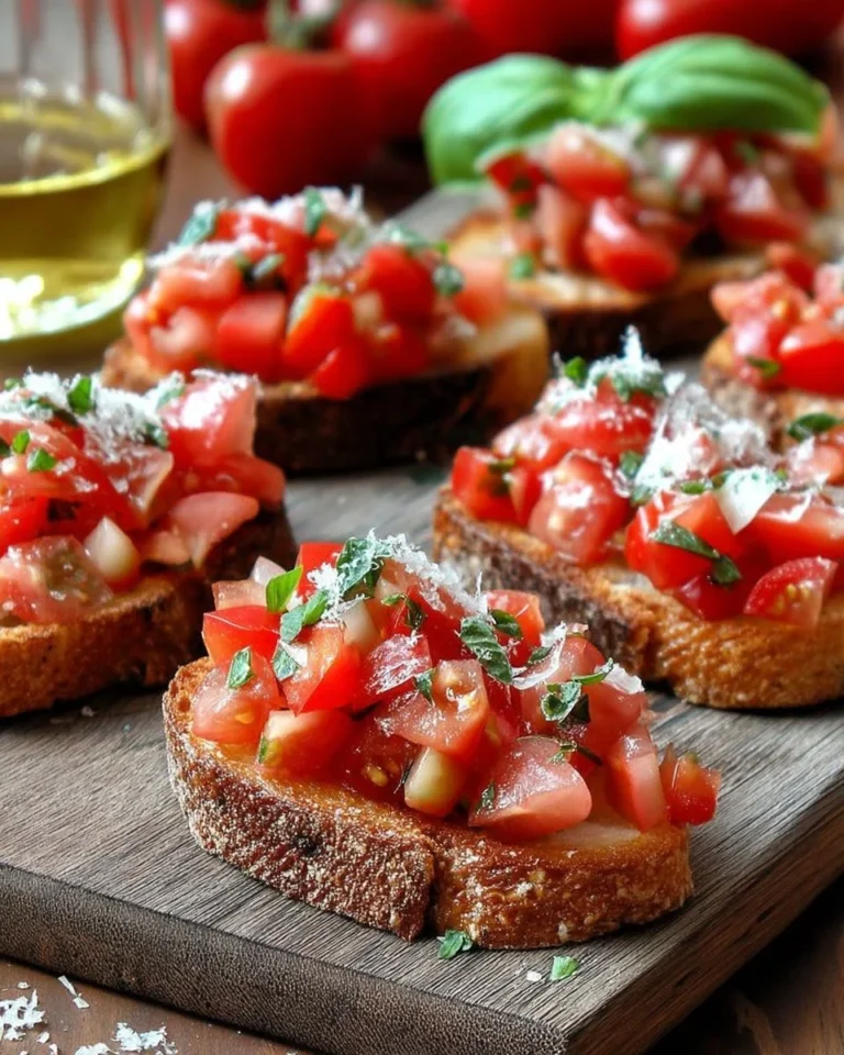 Bruschettas à la tomate servies sur une planche en bois avec du basilic.