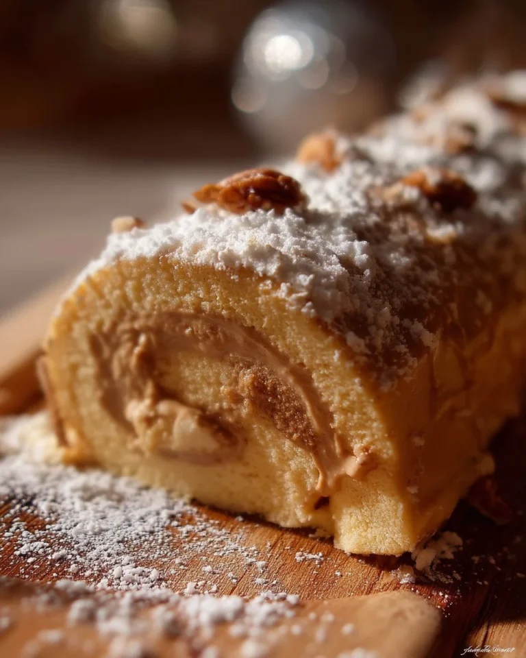 Bûche au sucre à la crème présentée sur une table festive.