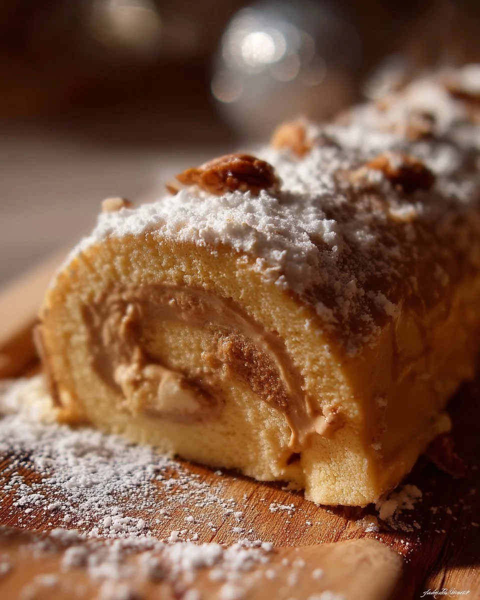 Bûche au sucre à la crème présentée sur une table festive.