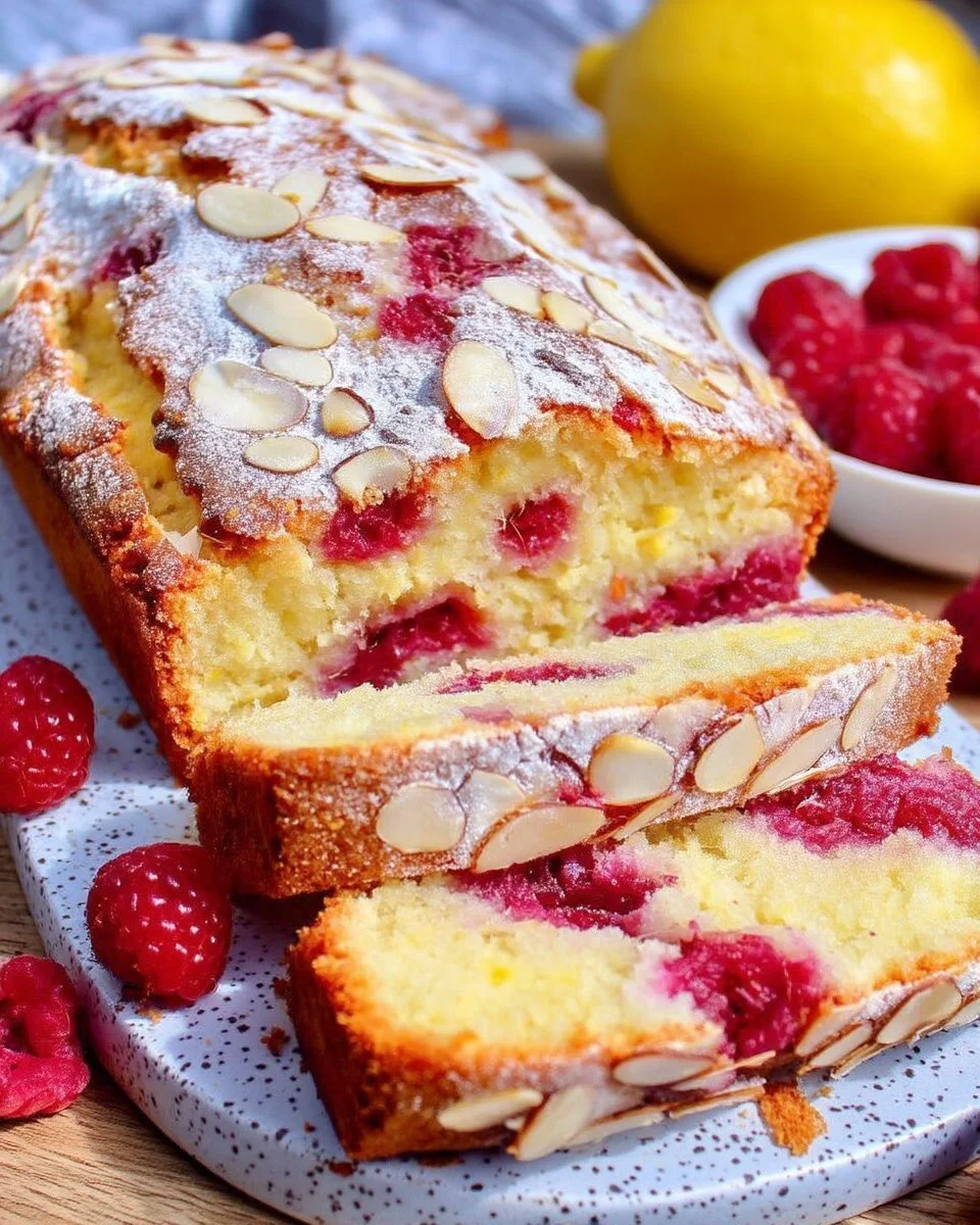Cake citron framboise et amandes savoureux décoré de framboises et zestes de citron