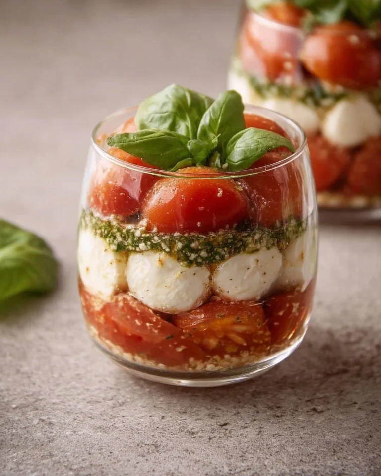 Caprese en verrine fraîche avec mozzarella, tomates et basilic