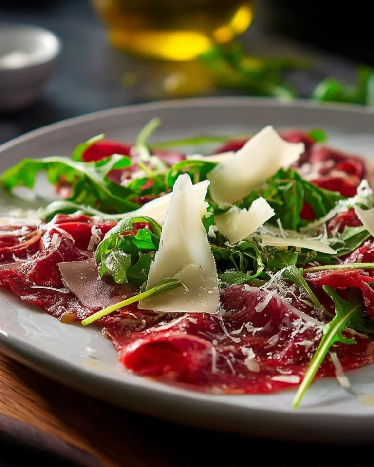 Carpaccio de bœuf au parmesan et roquette, plat savoureux et élégant.