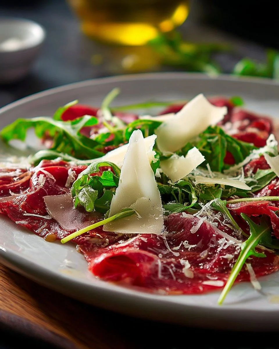 Carpaccio de bœuf au parmesan et roquette, plat savoureux et élégant.