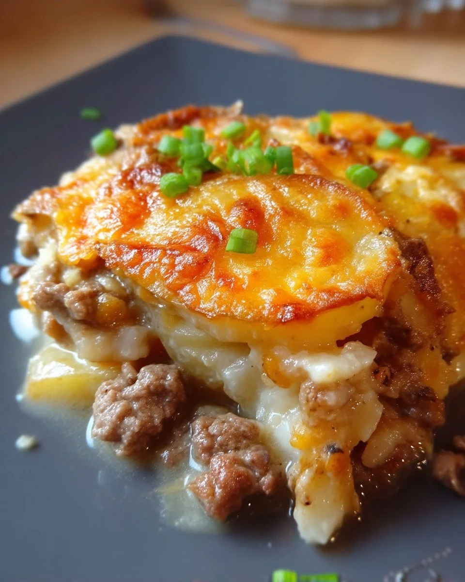 Casserole de Bœuf Haché et Pommes de Terre fraîchement cuisinée dans un plat en céramique.