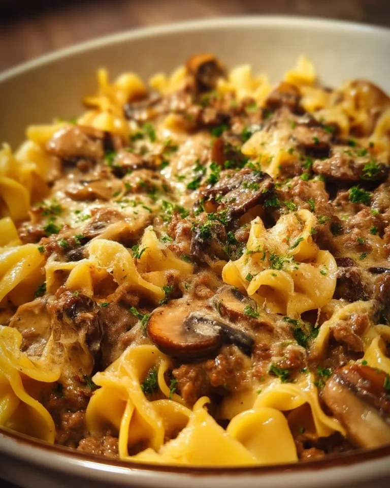 Casserole de bœuf haché Stroganoff aux champignons.