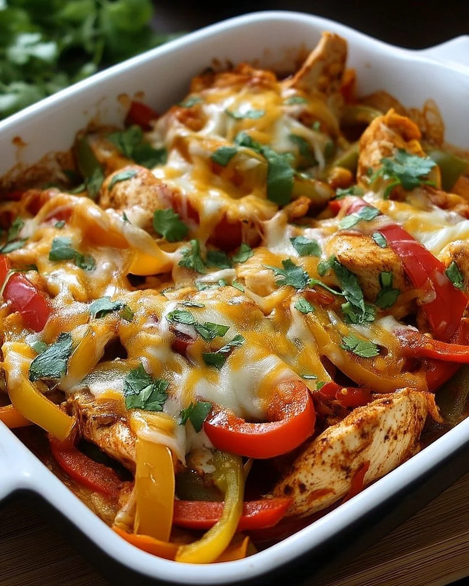 Casserole de fajitas au poulet garnie de légumes colorés et d'épices