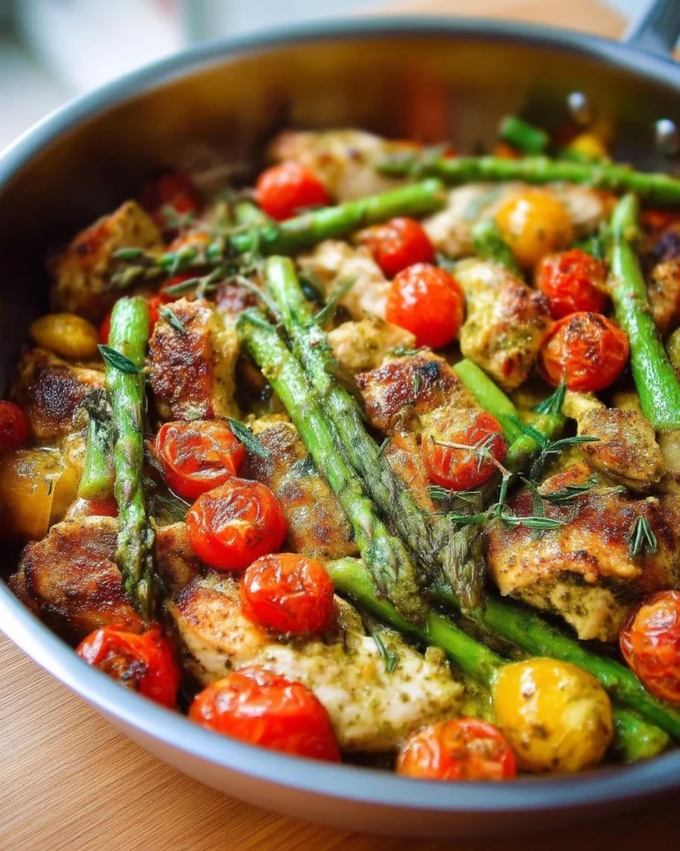 Casserole de poulet, légumes frais et pesto, plat savoureux et réconfortant.