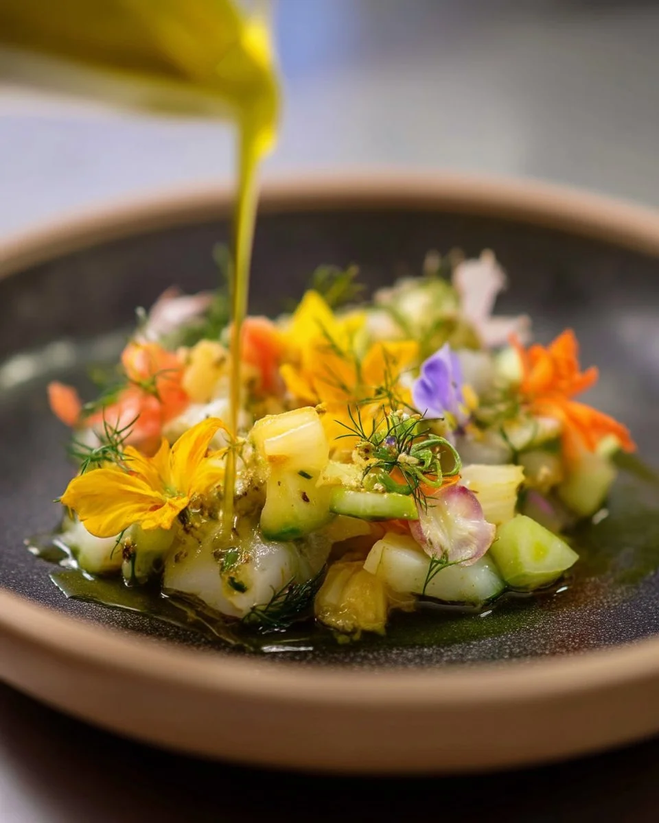 Ceviche de flétan aux saveurs du Québec, plat frais et savoureux.