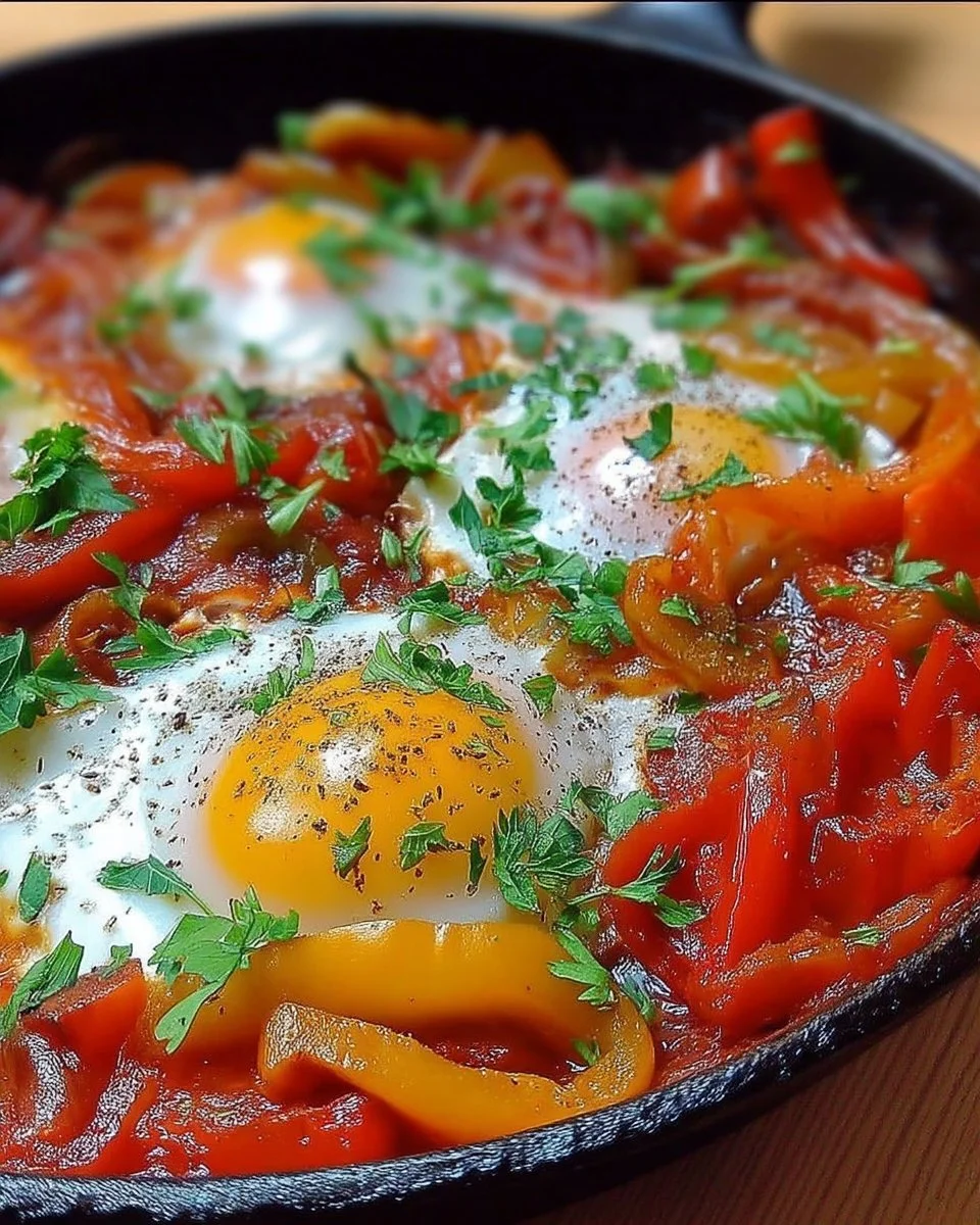 Chakchouka avec œufs, tomates et poivrons dans une poêle