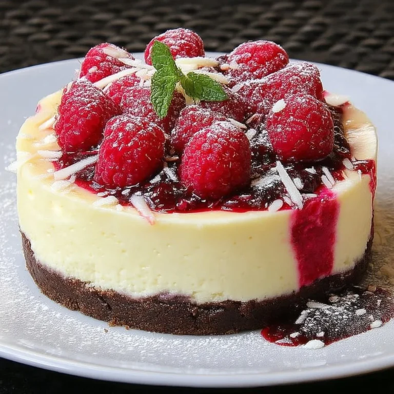 Cheesecake Framboise et chocolat blanc décoré de framboises fraîches