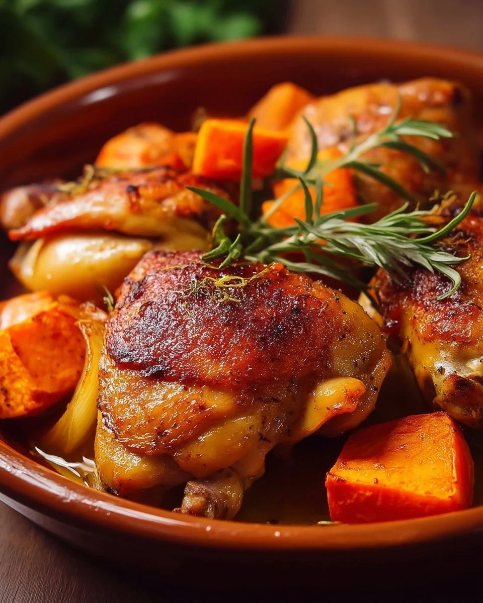 Poulet rôti avec patates douces et sirop d'érable dans un plat