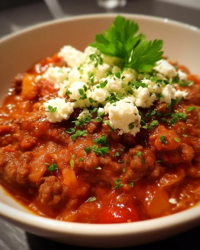 Chili au boeuf haché agrémenté de fromage feta, plat réconfortant.