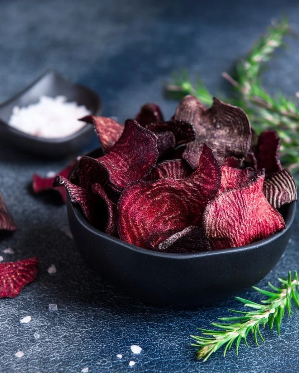 Chips de Betterave croustillantes et colorées dans un bol.