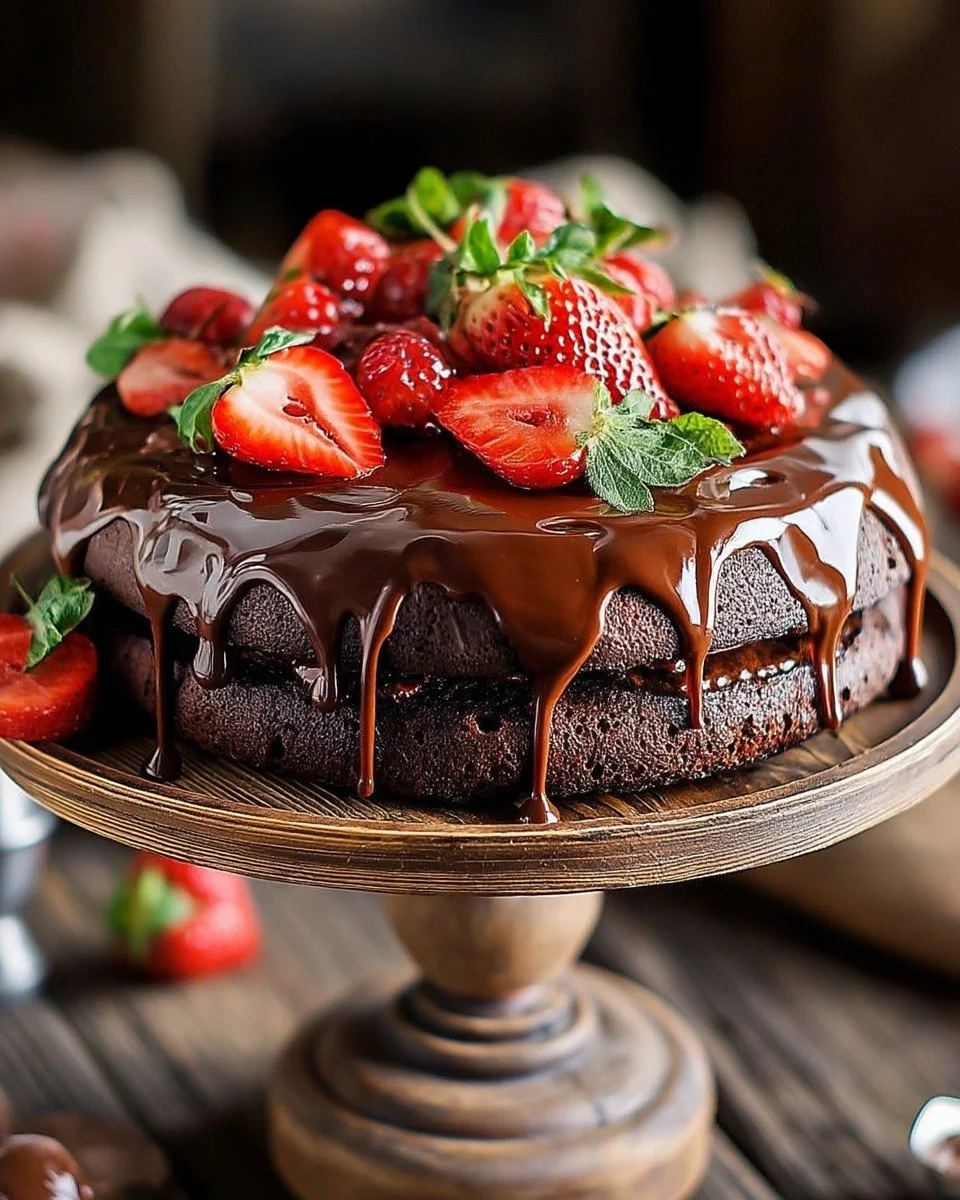 Gâteau au chocolat avec ganache fondante et fraises fraîches sur le dessus