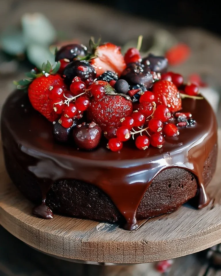 Gâteau au chocolat avec ganache brillante et fruits rouges sur le dessus