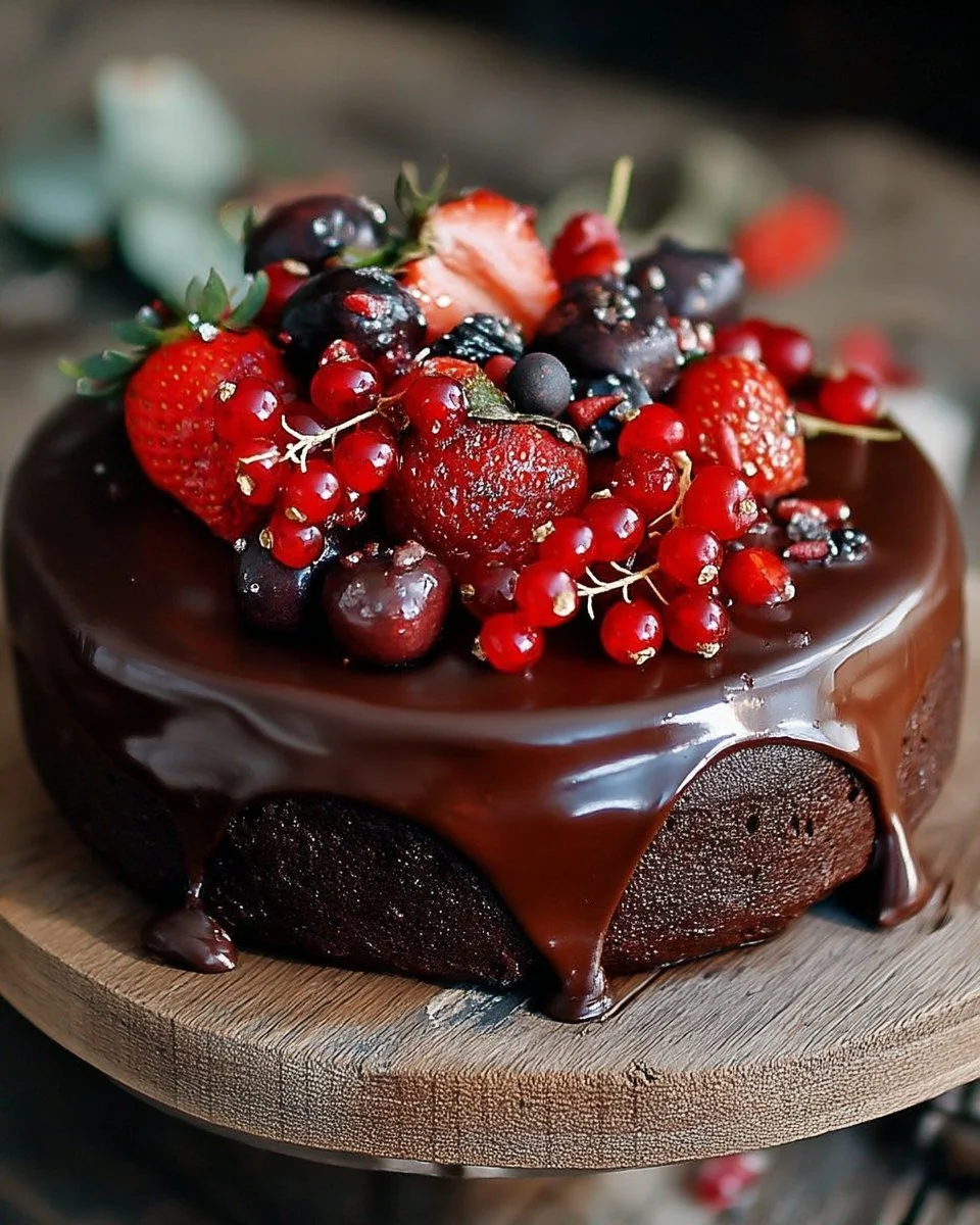 Gâteau au chocolat avec ganache brillante et fruits rouges sur le dessus